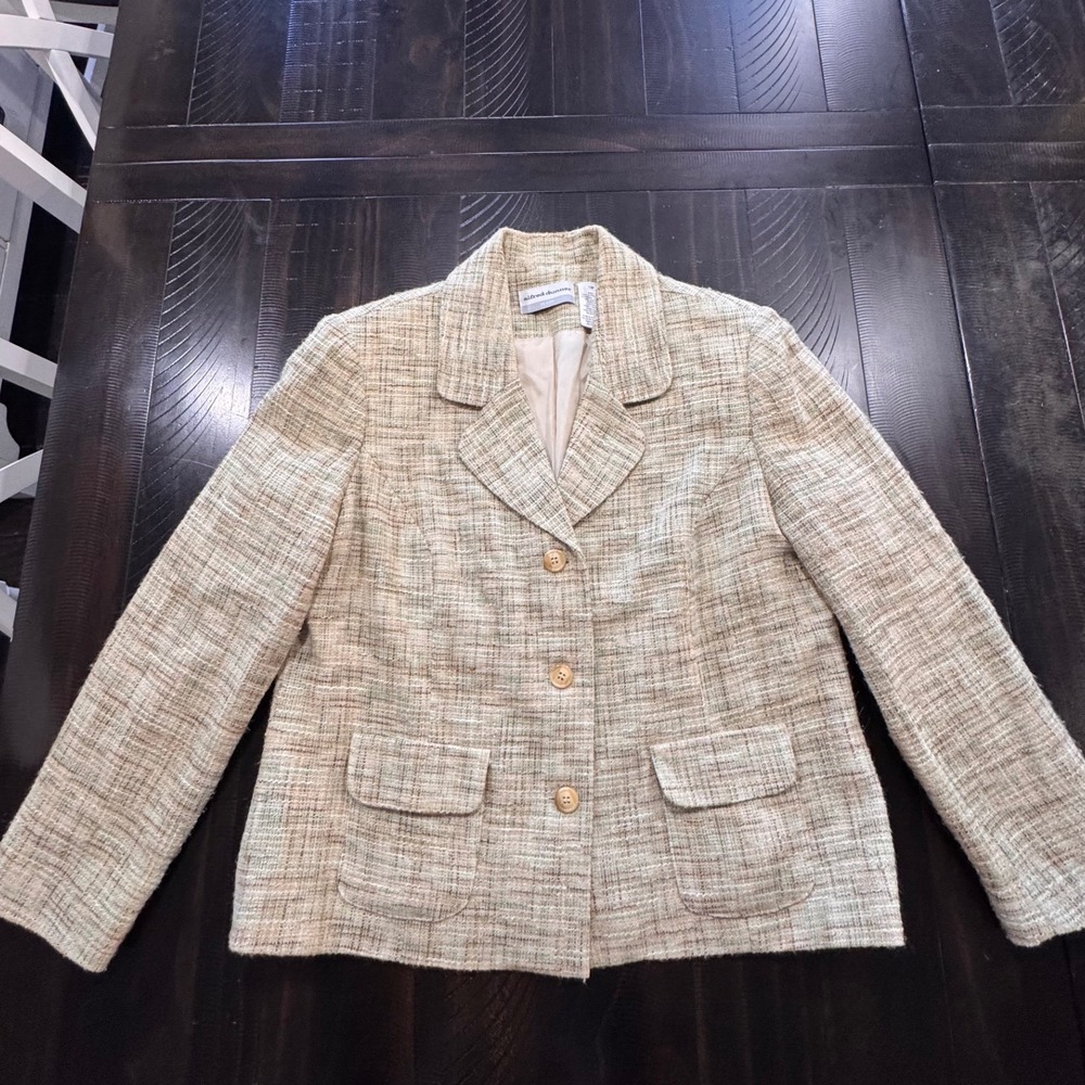 Alfred Dunner Petite Tweed Blazer Beige Tan Multi Color Button Front Jacket 14P
